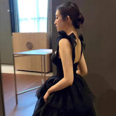 prom dresses Black Evening Dress for Women Adult Ceremony Graduation Light Luxury Niche French Style Long Strap Pettiskirt
